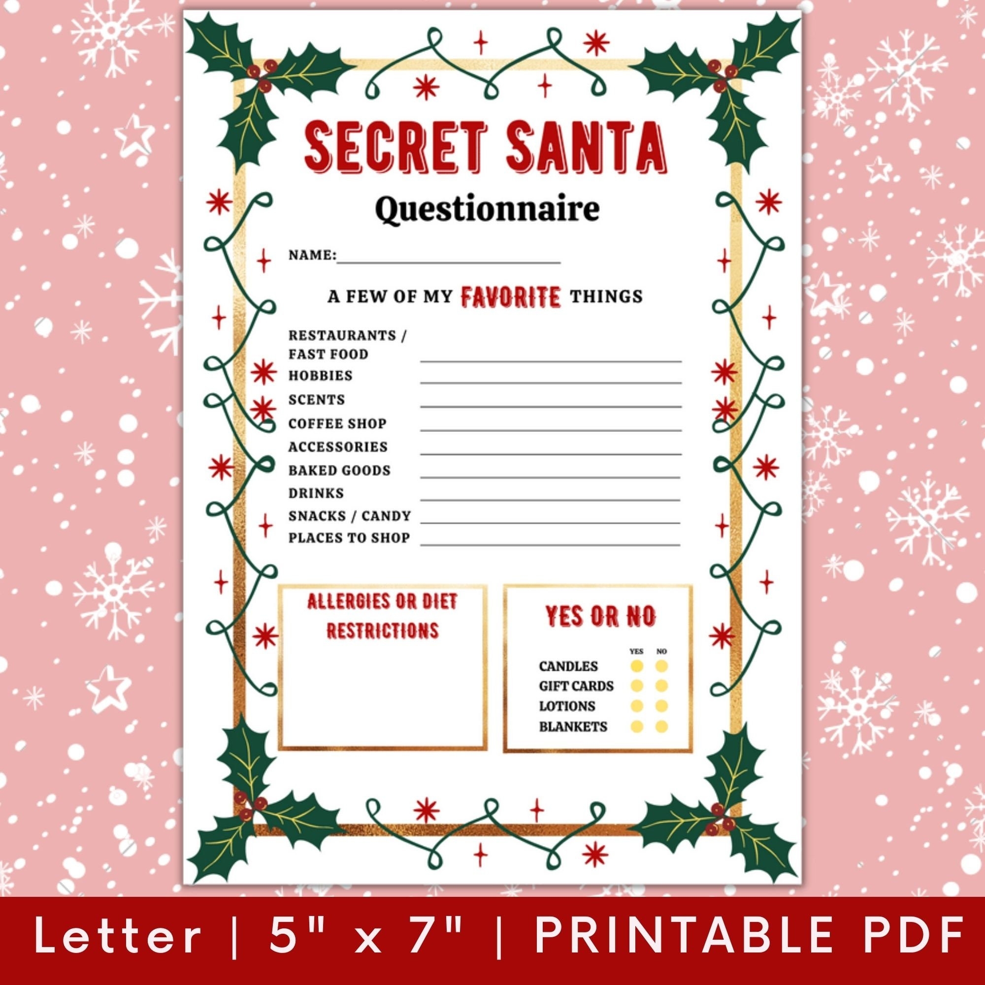 Printable Secret Santa Questionnaire For Christmas Gift Exchange 