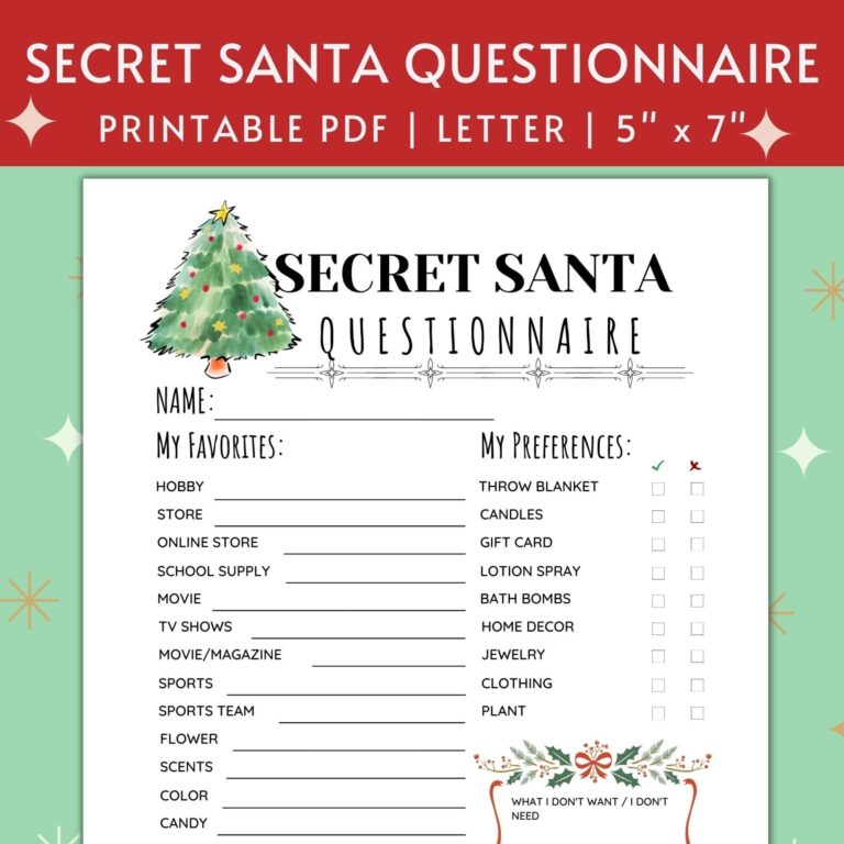 Printable Secret Santa Questionnaire For Christmas Gift Exchange