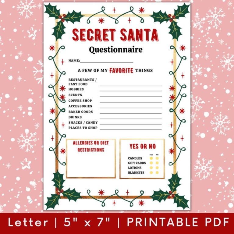 Printable Secret Santa Questionnaire For Christmas Gift Exchange Questions Work Secret Santa My Favorite Things Christmas Wish List Etsy