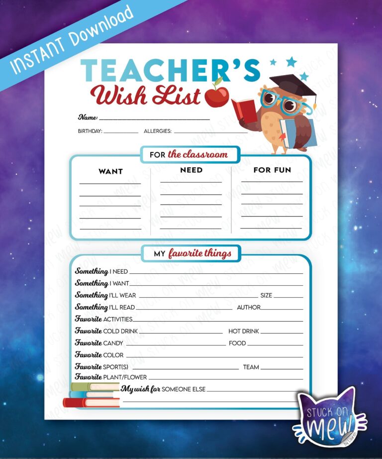Printable Teachers Favorite Things Wish List Questionnaire Wish