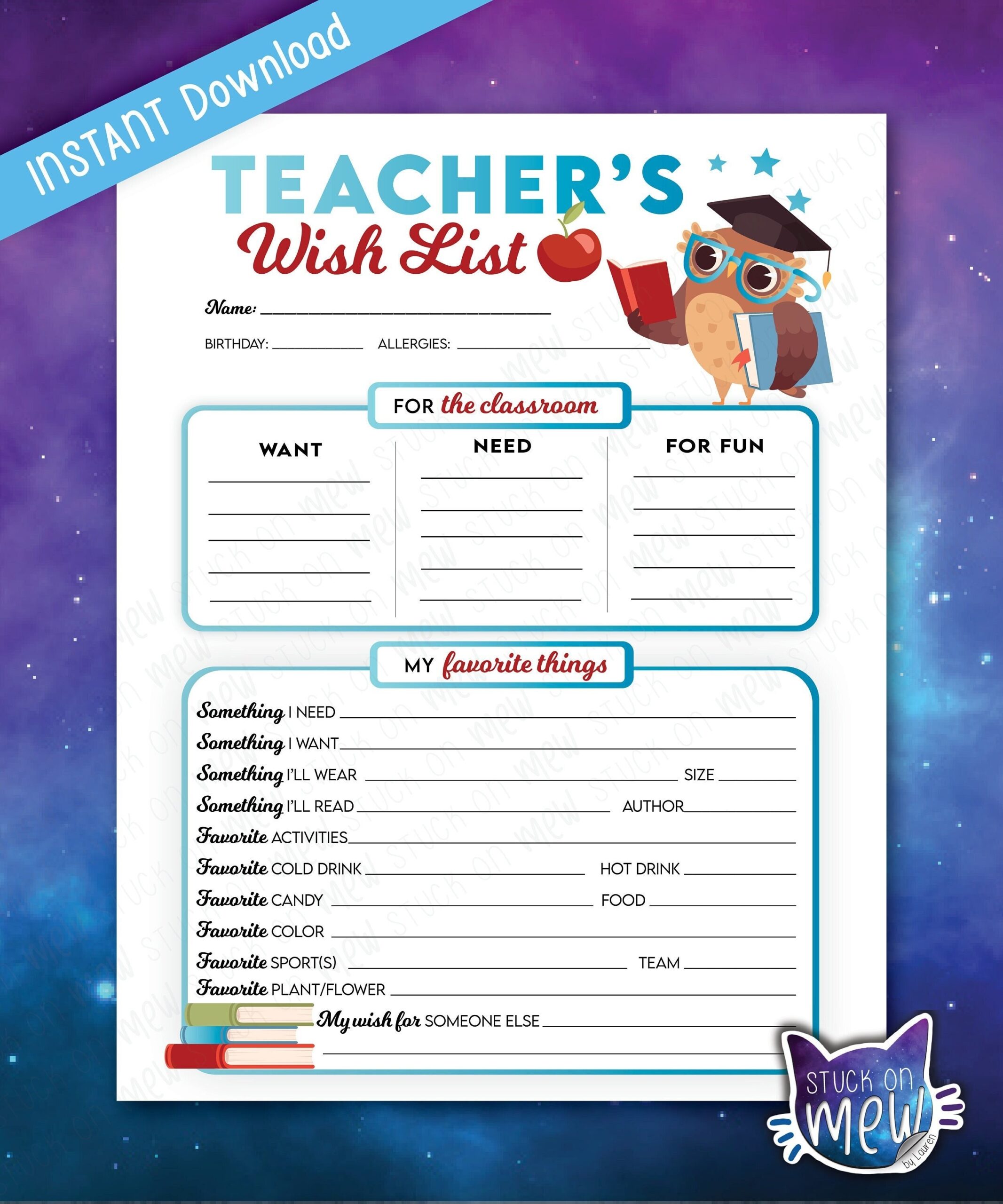 Printable Teachers Favorite Things Wish List Questionnaire Wish 