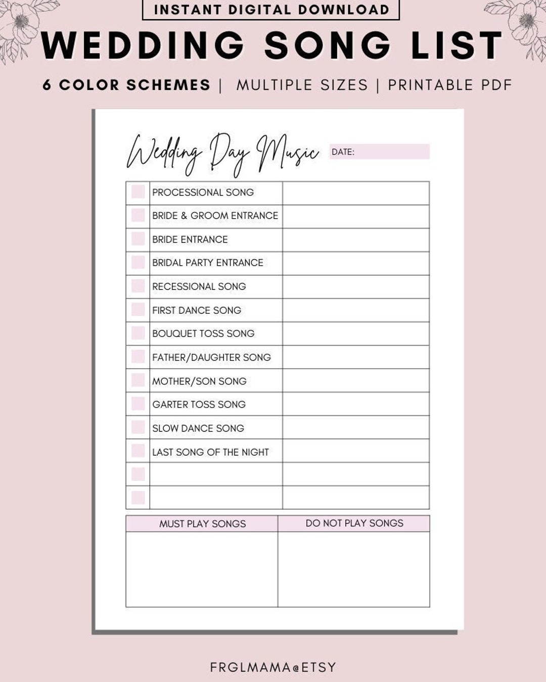 Printable Wedding Song List Wedding Playlist Wedding Music List DJ Song List Wedding DJ Questionnaire Wedding Processional Songs PDF Etsy