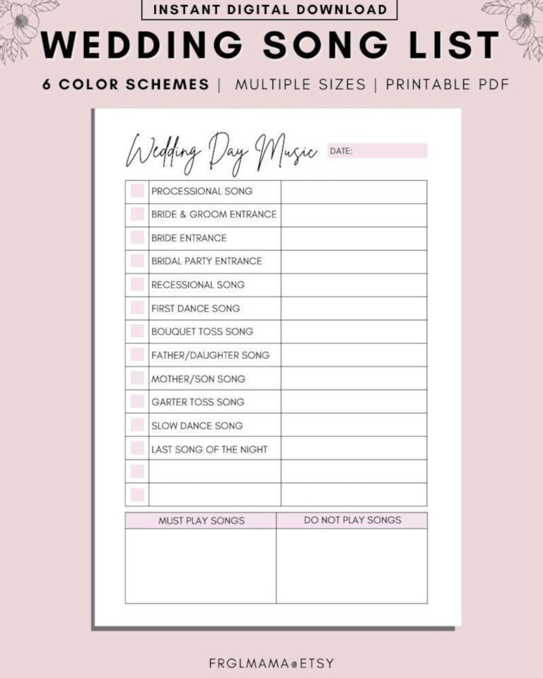Printable Wedding Song List Wedding Playlist Wedding Music List DJ Song List Wedding DJ Questionnaire Wedding Processional Songs PDF Etsy