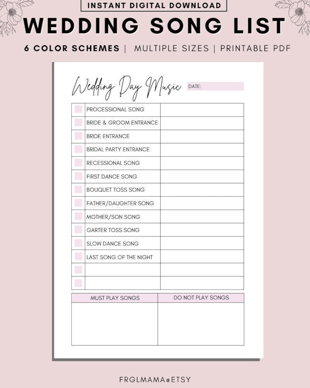 Printable Wedding Song List Wedding Playlist Wedding Music List DJ Song List Wedding DJ Questionnaire Wedding Processional Songs PDF Etsy