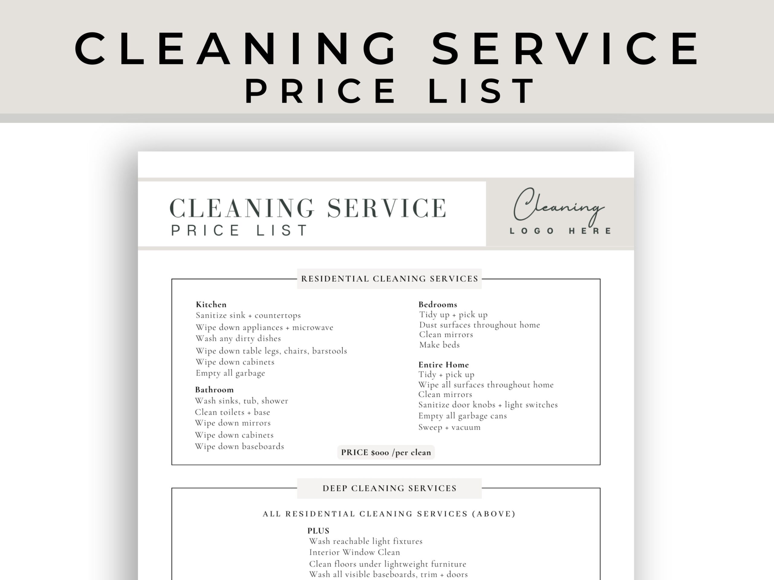 Professional Cleaning Service Pricing List editable Pricing List 