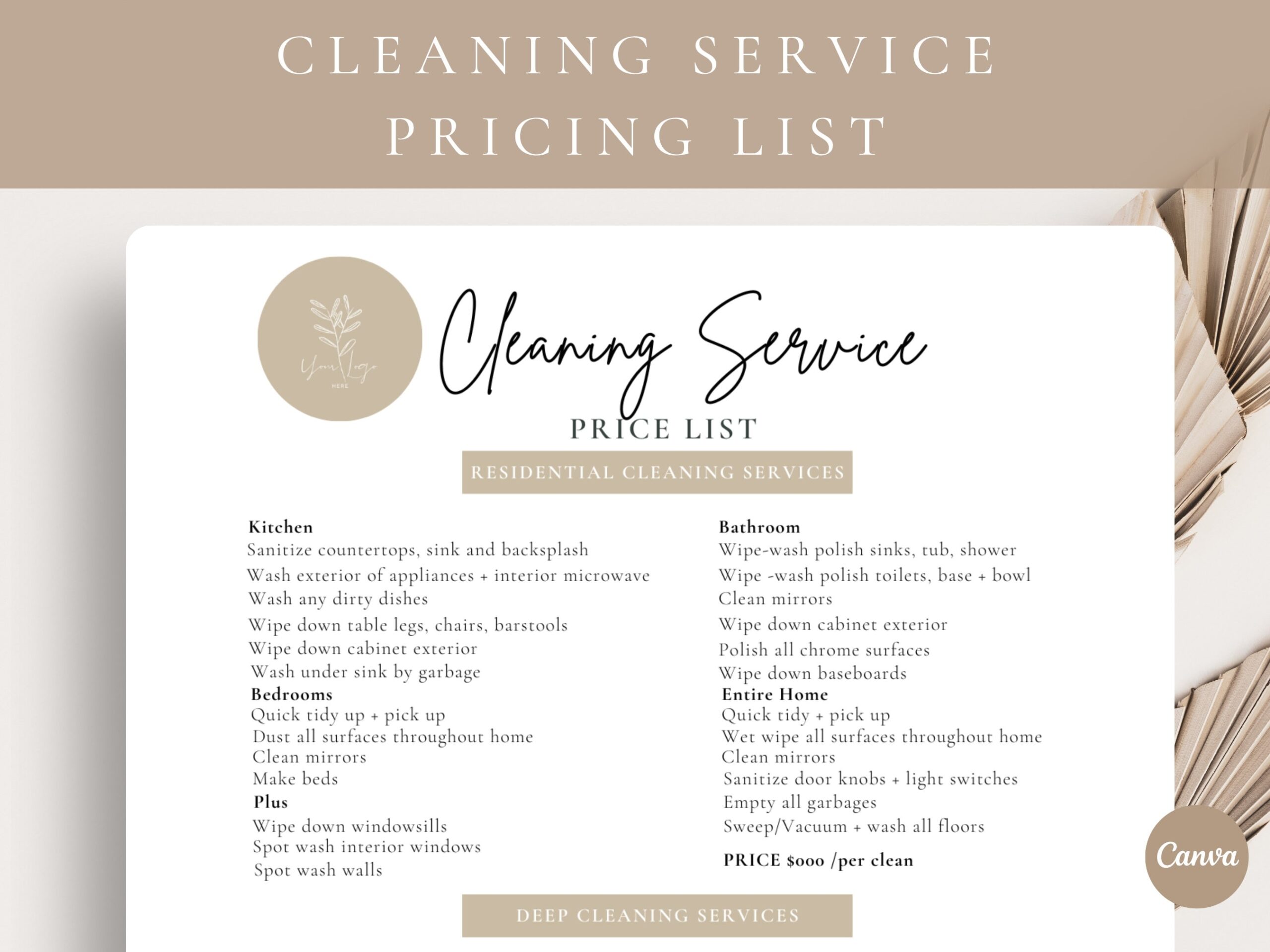 Professional Cleaning Service Pricing List editable Pricing List 