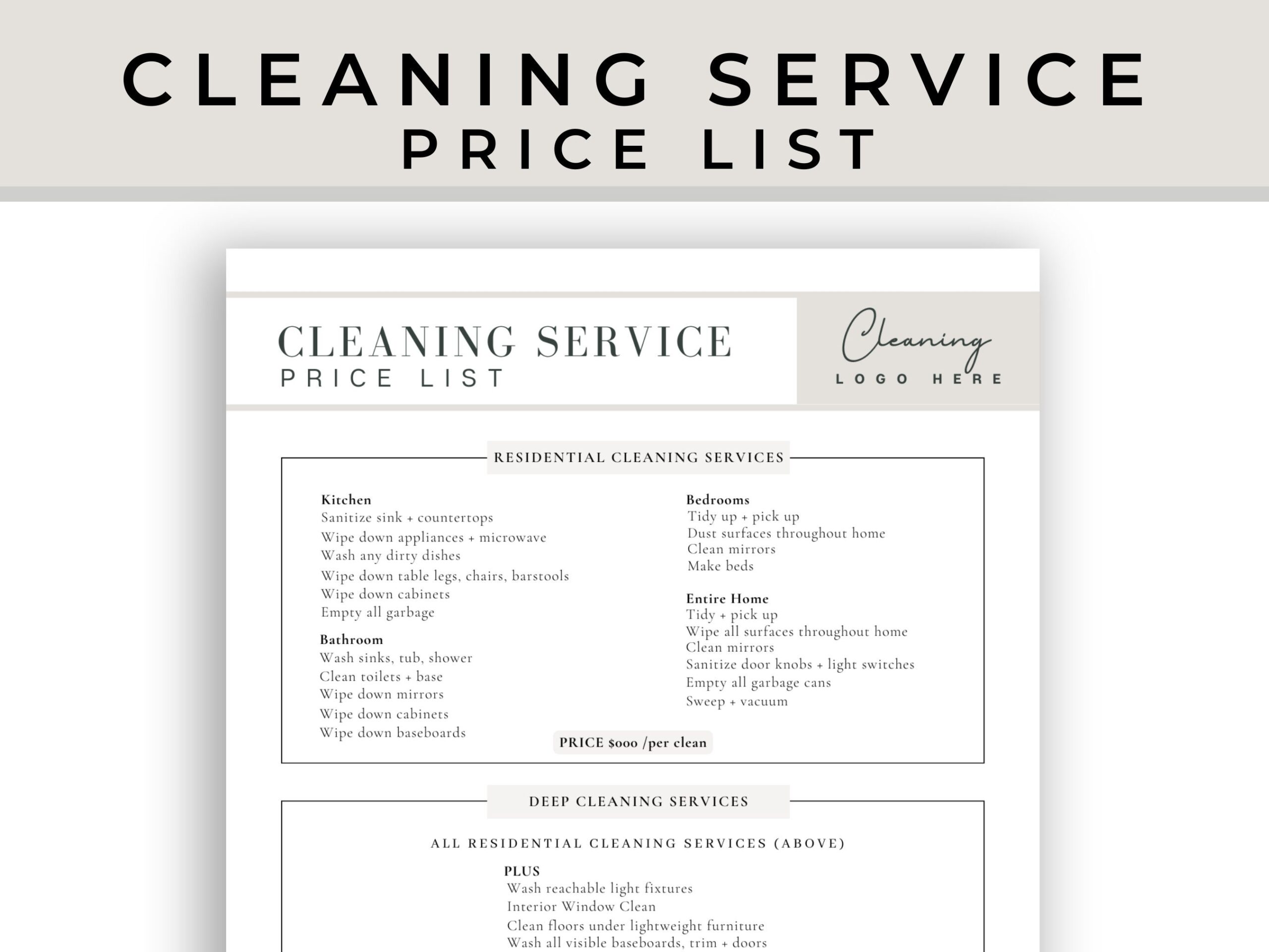 Professional Cleaning Service Pricing List editable Pricing List 