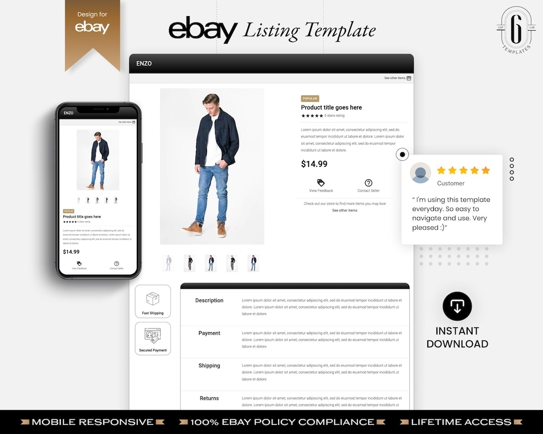 Professional Ebay Listing Template Modern U0026 Minimalist Design In Black Mobile Responsive ENZO Etsy