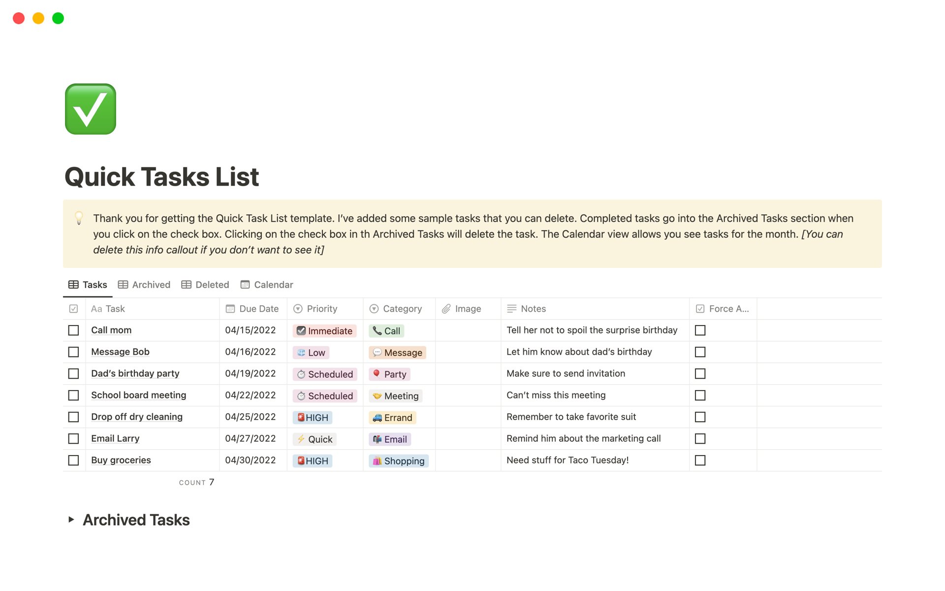 Quick Tasks List Template By Ali Khan Notion Marketplace