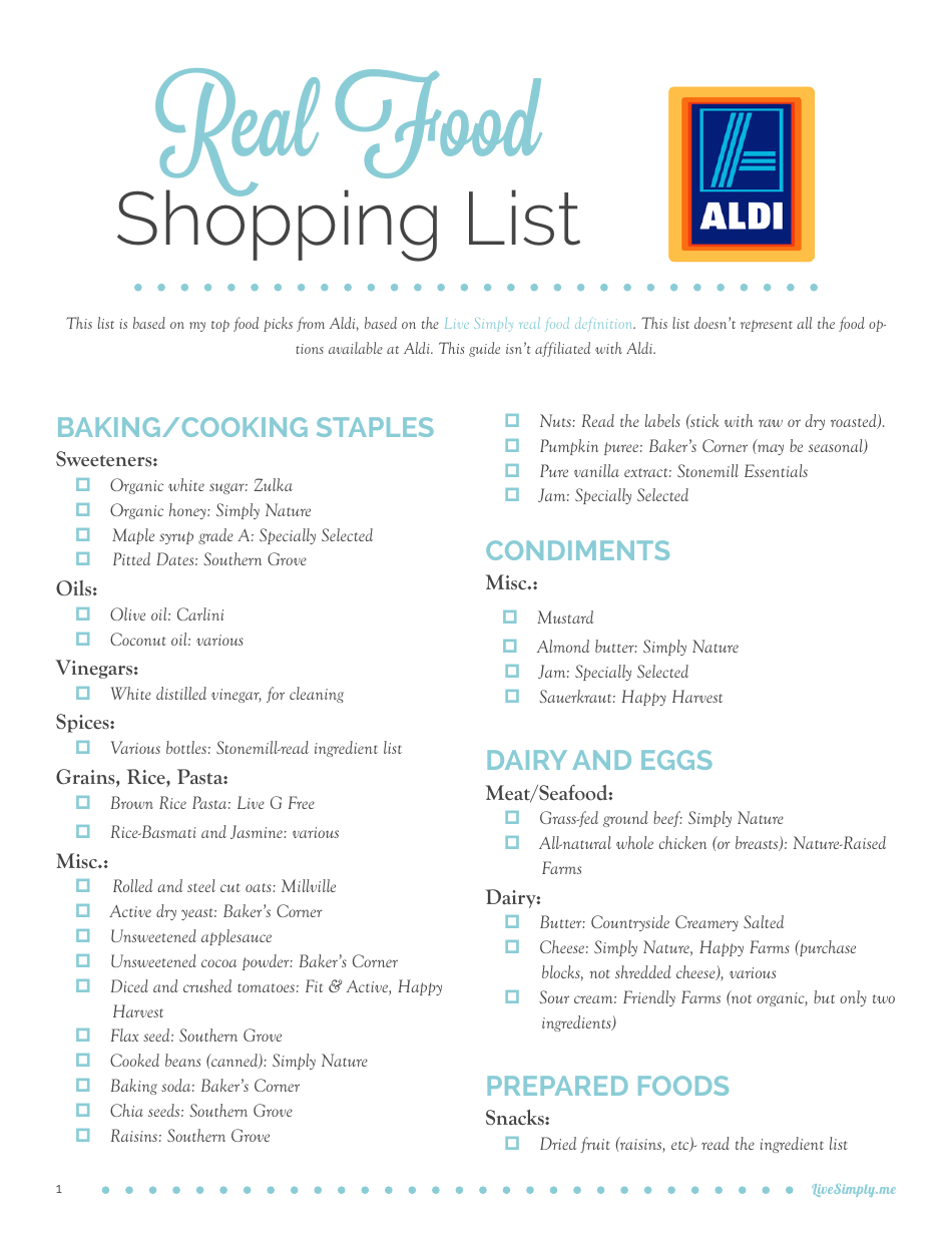 Real Food Shopping List Template Aldi Download Printable PDF Templateroller