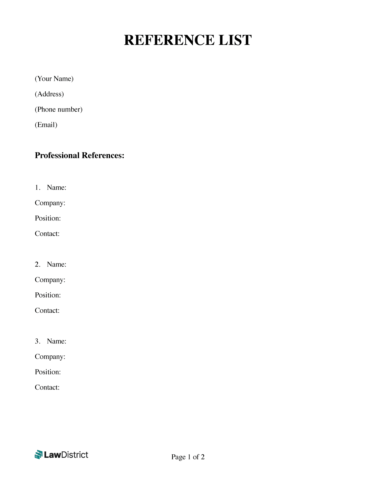 Reference List Template Printable Word U0026 PDF LawDistrict Reference List Template Printable Word U0026 PDF LawDistrict