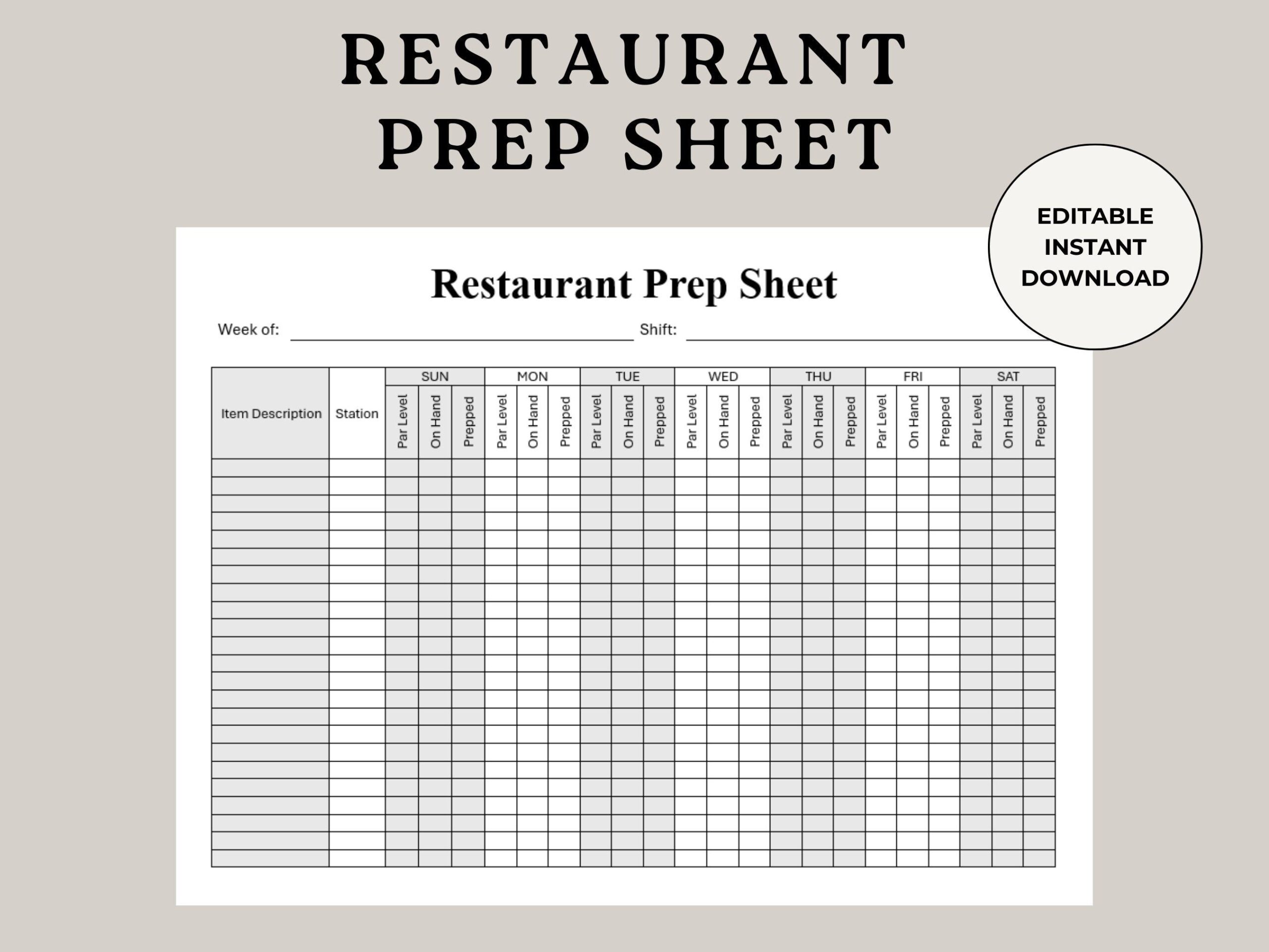 Restaurant Prep Sheet Food Prep Chart Food Prep Sheet Restaurant Opening BOH Checklist Restaurant Prep Checklist Restaurant Inventory Etsy