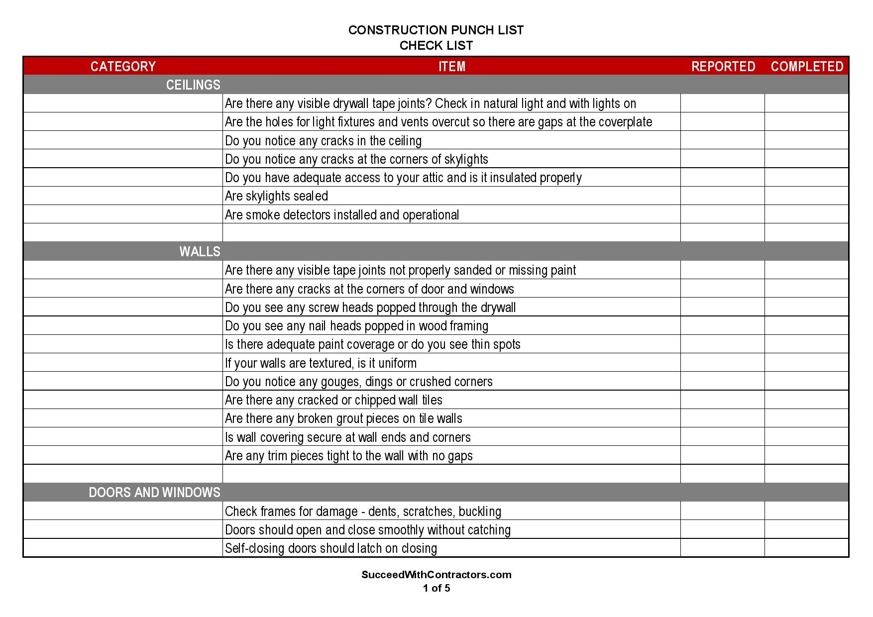 Construction Punch List Template Word