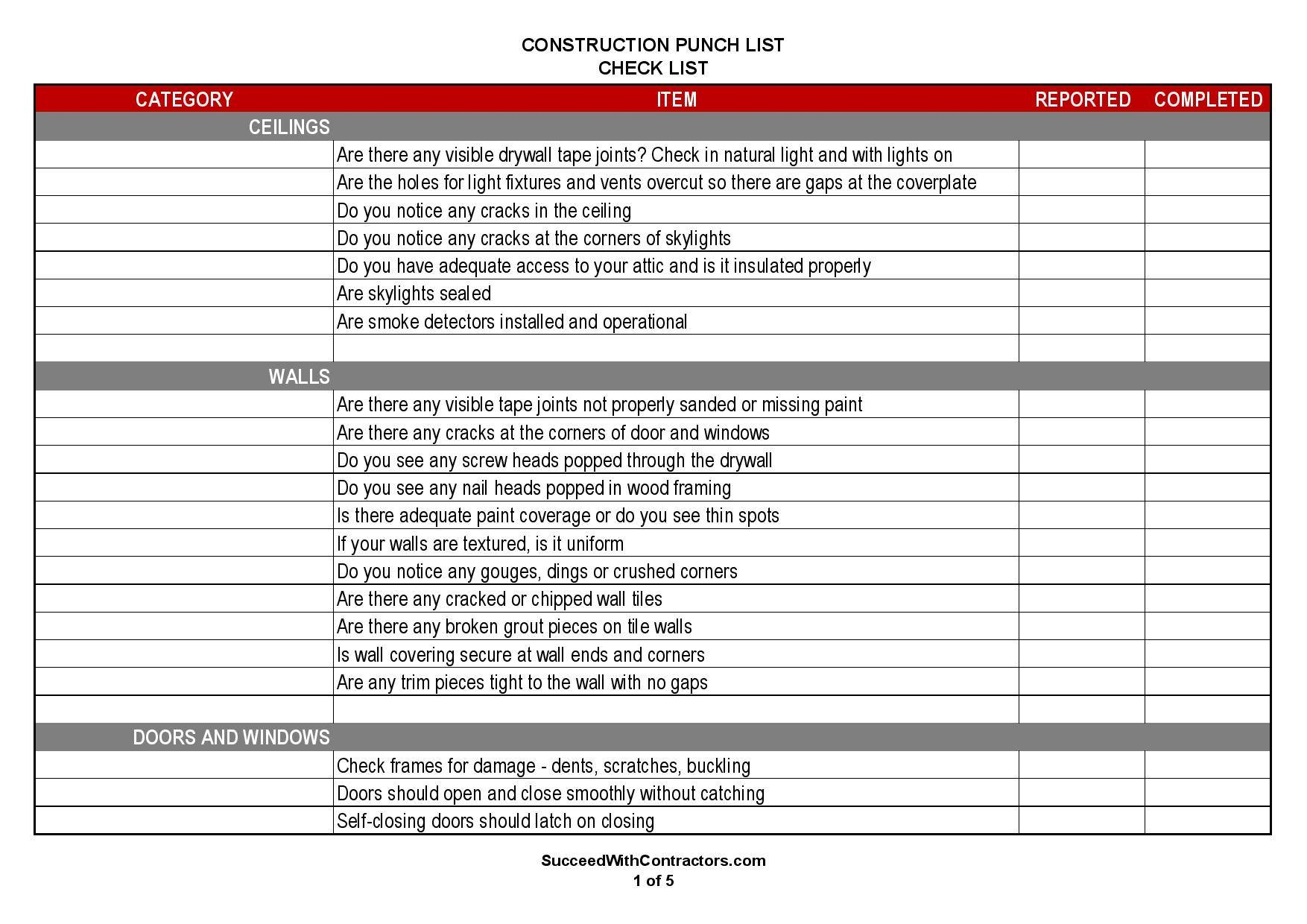 Sample Punch List