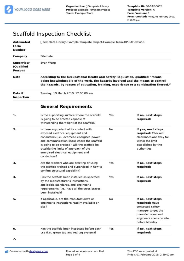 Scaffold Inspection Checklist Free Template daily Or Weekly 