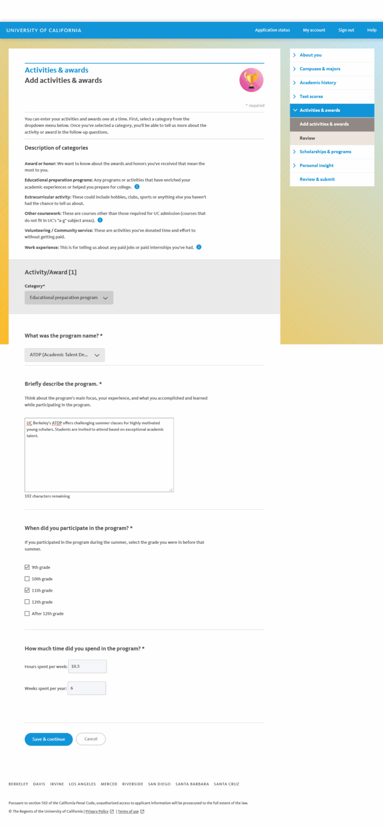Screenshot Add Activities Awards Activities Awards UC 
