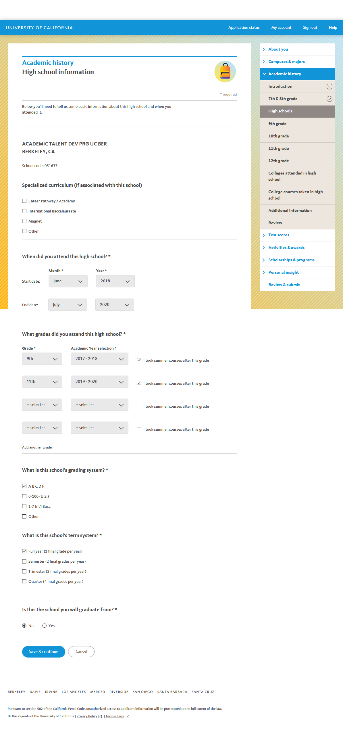 Screenshot High School Information Academic History UC 