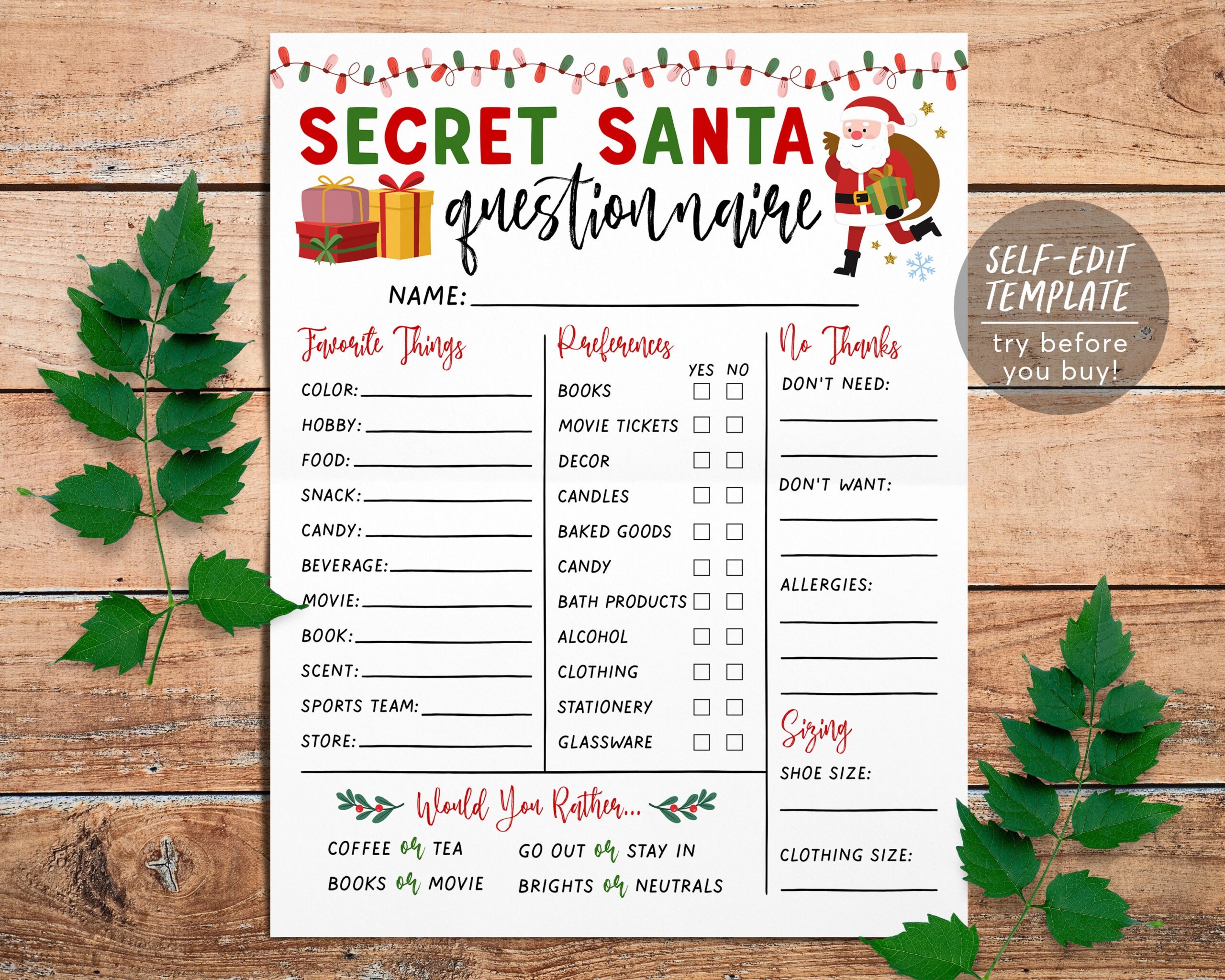 Secret Santa Questionnaire Editable Template Holiday Christmas 