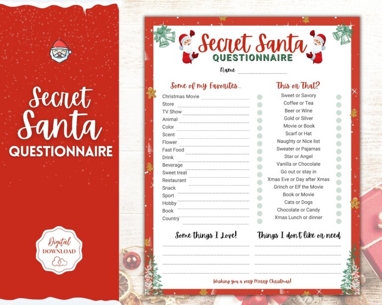Secret Santa Questionnaire Printable Holiday Gift Exchange Form Work Or Personal Christmas Wish List Kids Adults Gift List Xmas Party Etsy