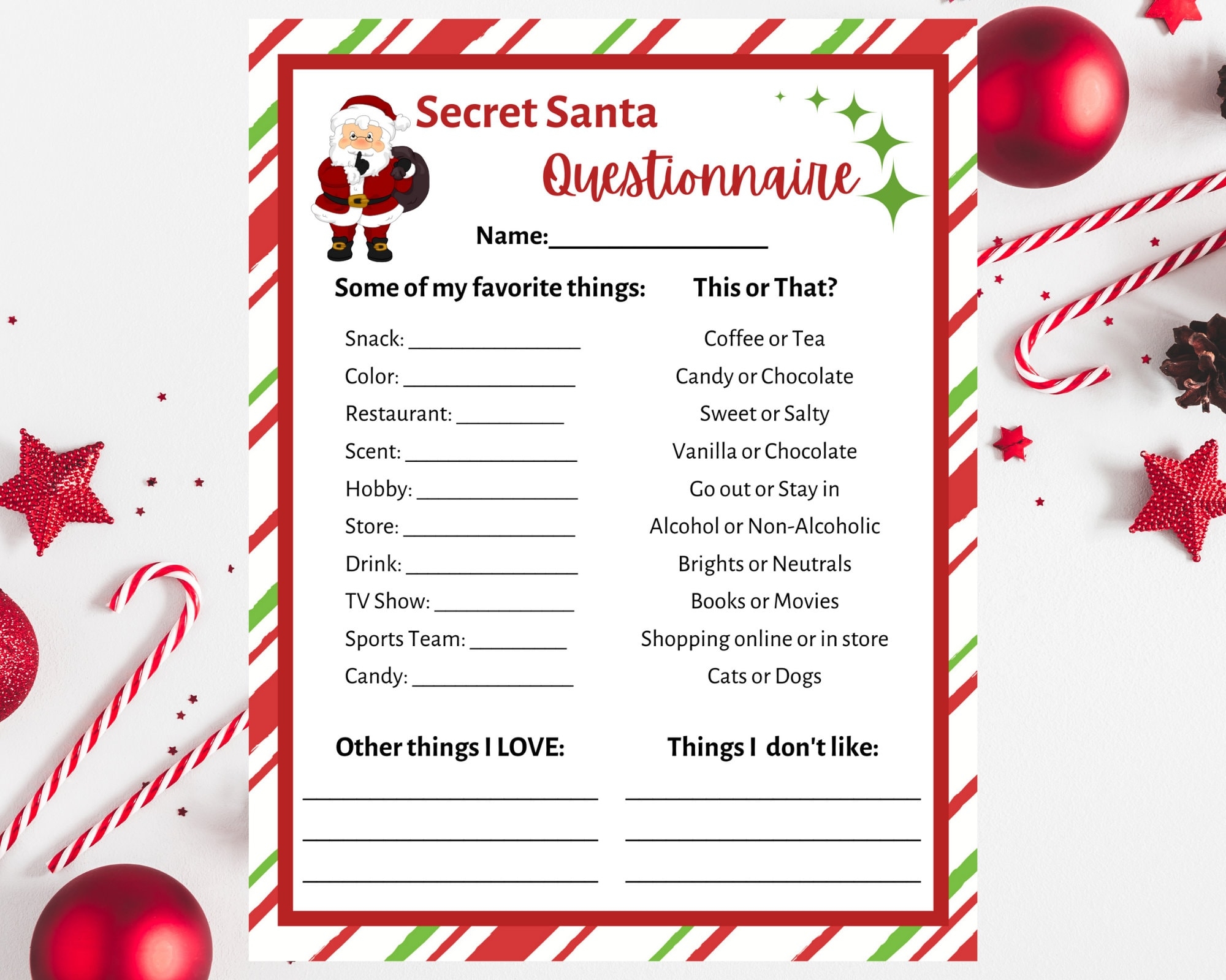 Secret Santa Questionnaire Printable Secret Santa Form Secret 