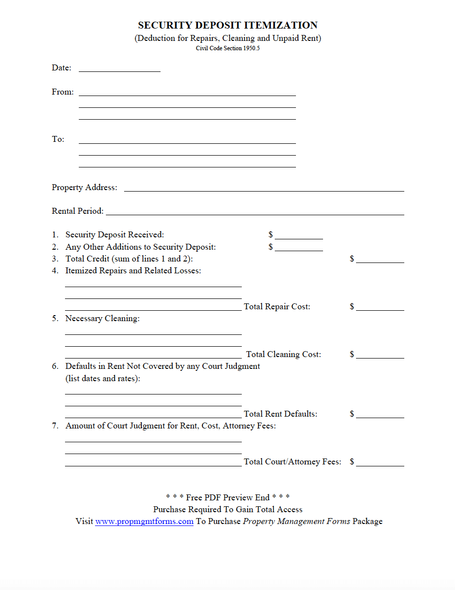 Security Deposit Itemization Property Management Forms 