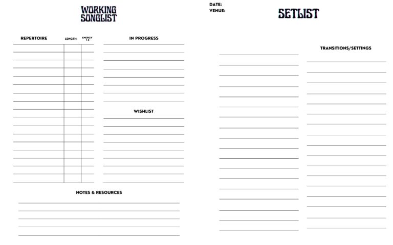 Setlist Builder Gig Setlist Template For Artists And Bands Etsy