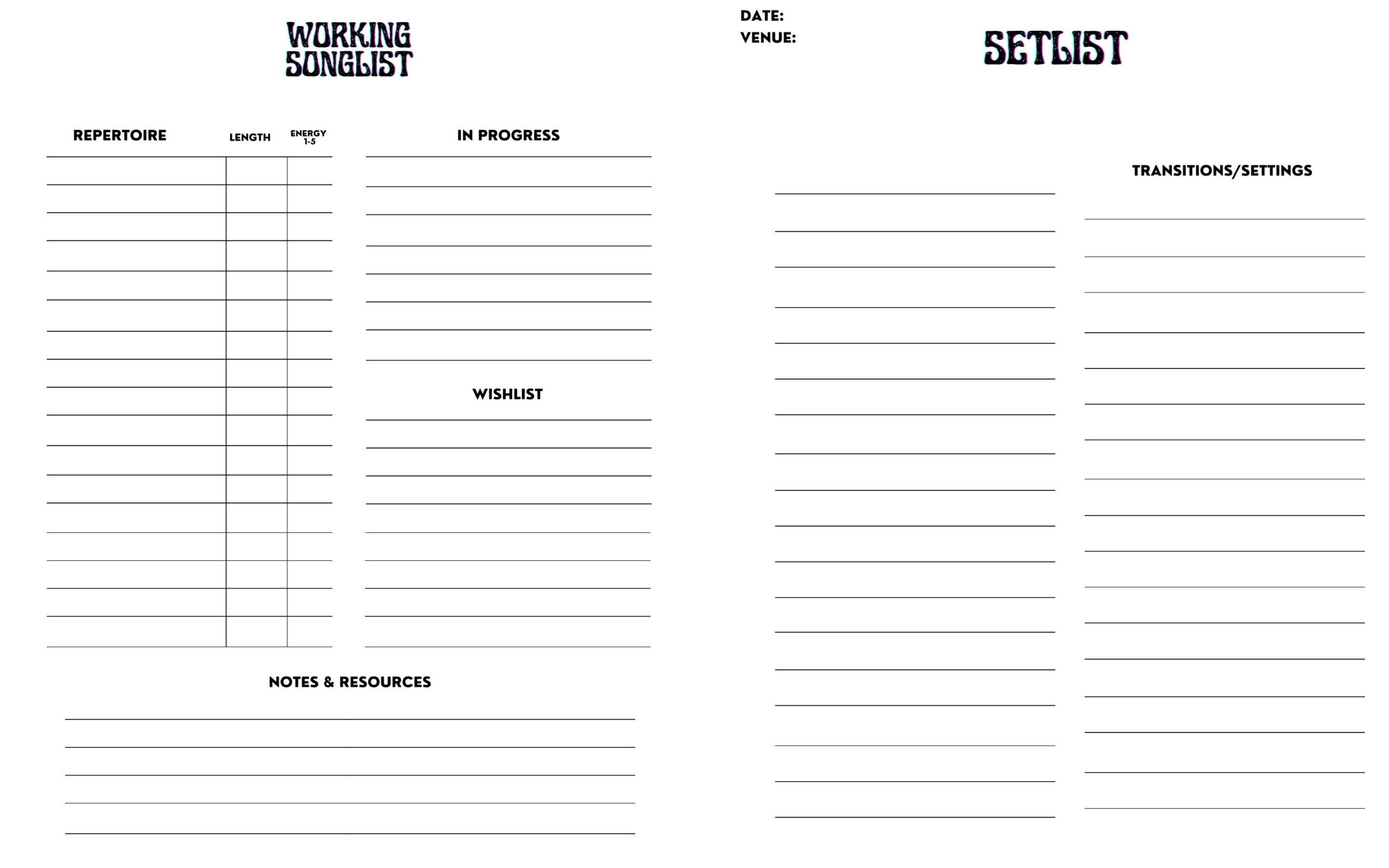 Setlist Builder Gig Setlist Template For Artists And Bands Etsy