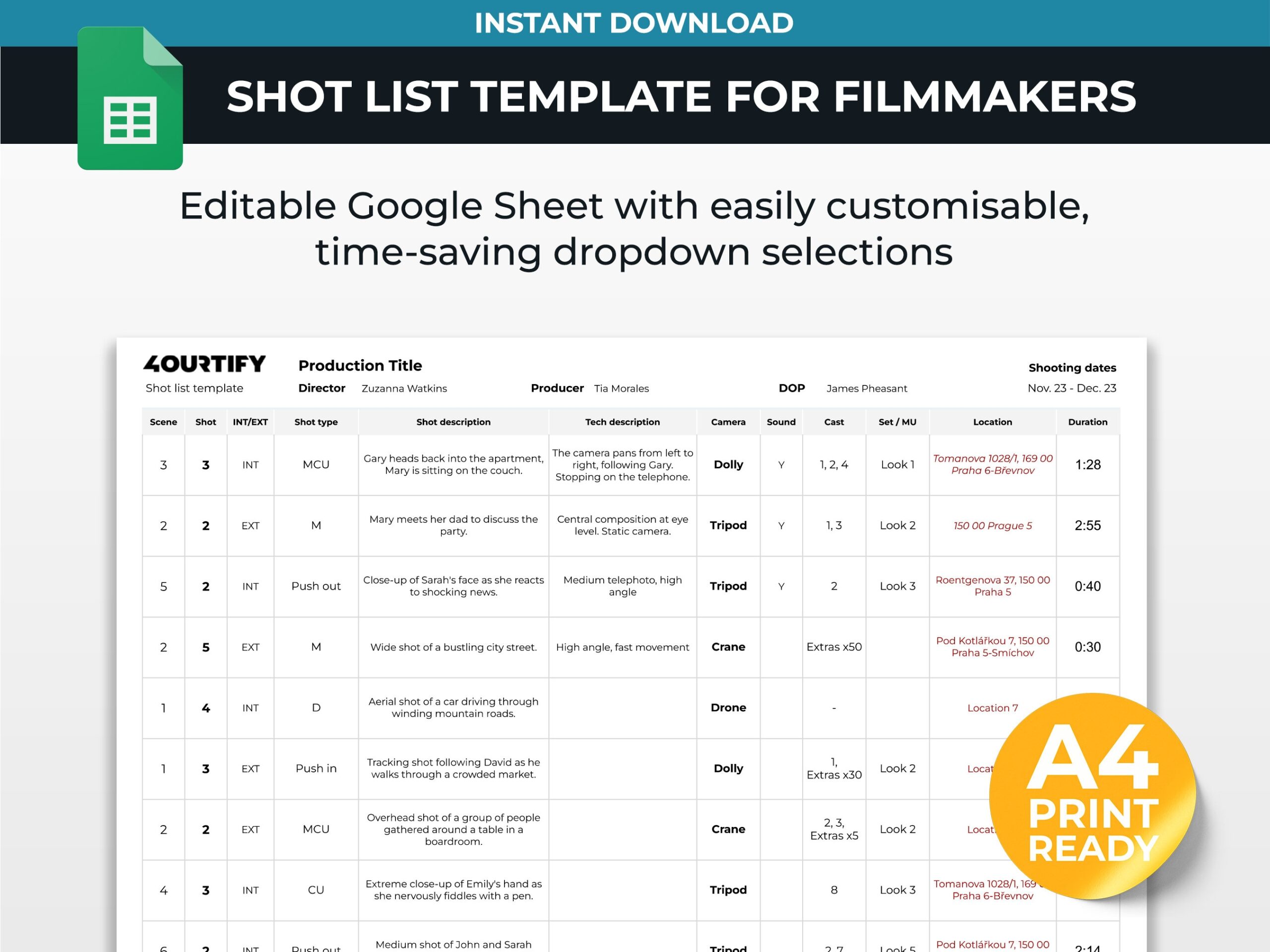 Shot List Template For Filmmakers Google Sheets Etsy
