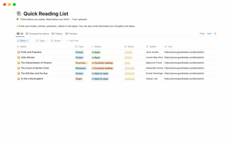 Simple Reading List Template By Elise Zhao Notion Marketplace
