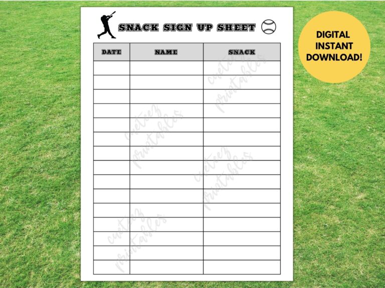 Snack Sign Up Sheet Sport Schedule Printable Form Pdf U0026 Png 