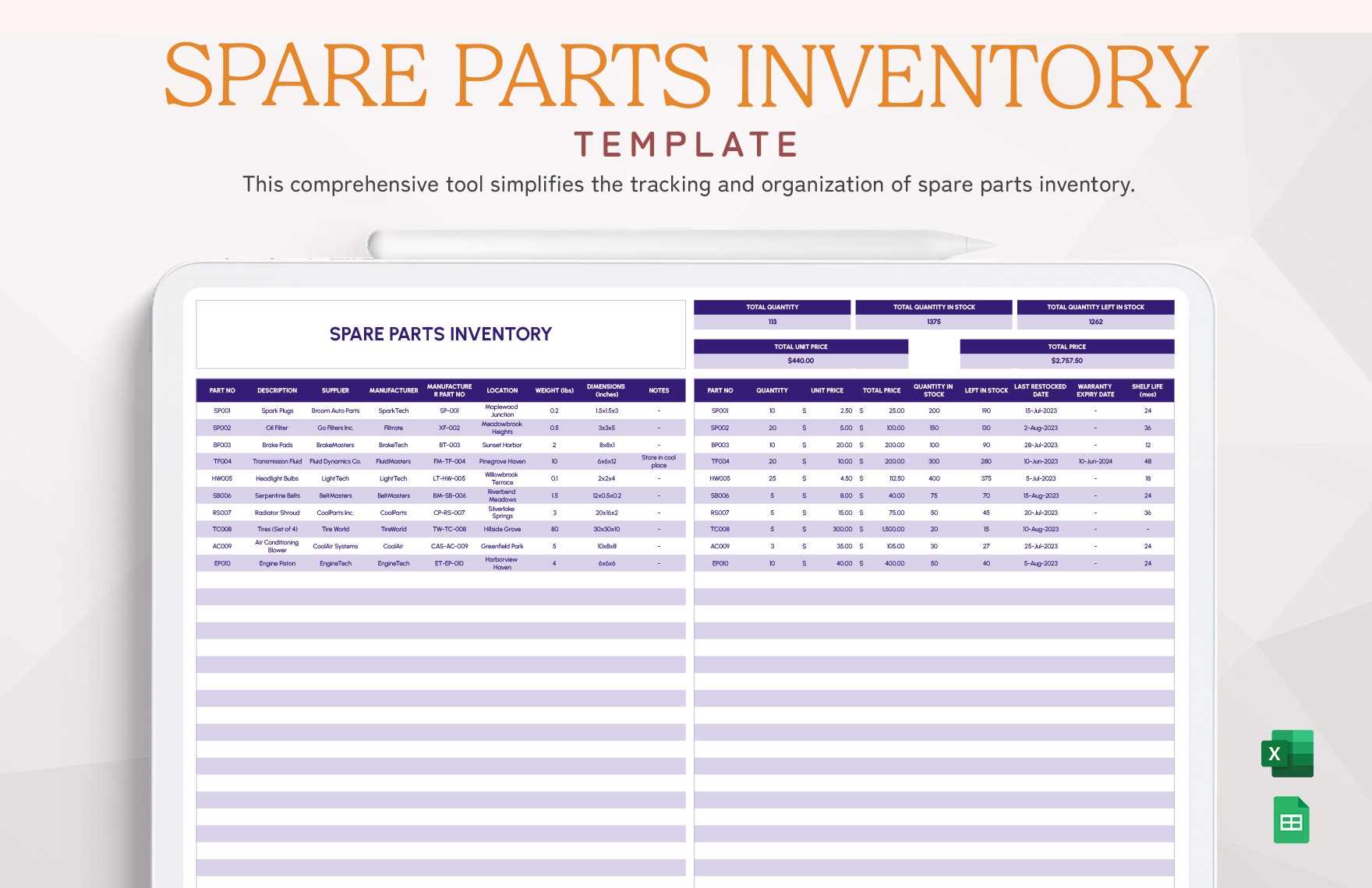 Spare Parts Inventory Template In Excel Google Sheets Download 