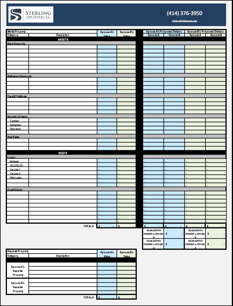 Splitting Assets Worksheet For Divorce In Wisconsin Sterling
