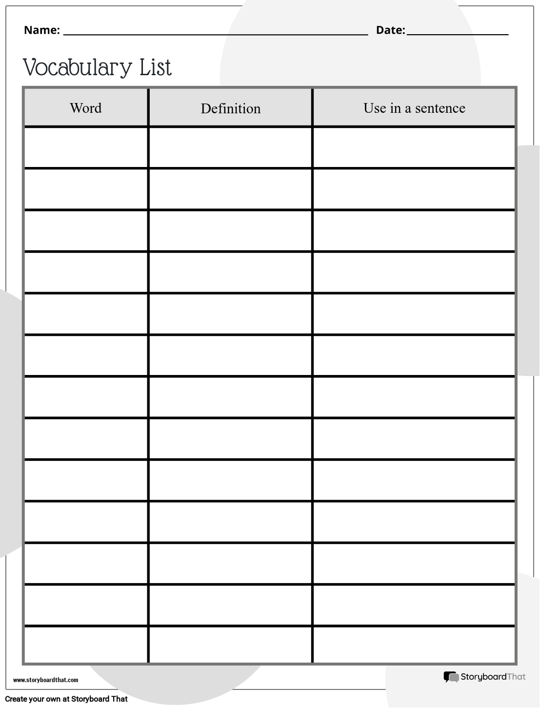 Storyboard That Free Vocabulary Worksheet Templates