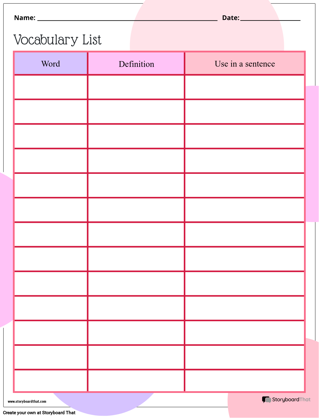 Storyboard That Free Vocabulary Worksheet Templates