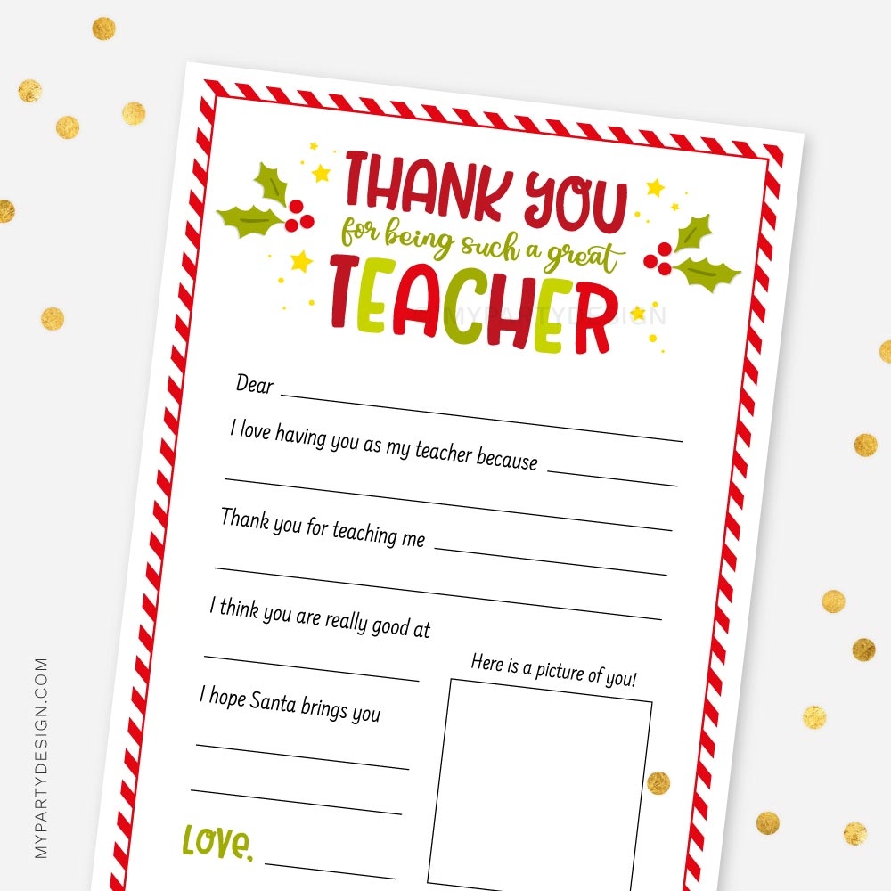Teacher Christmas Letter Printable Gift My Party Design
