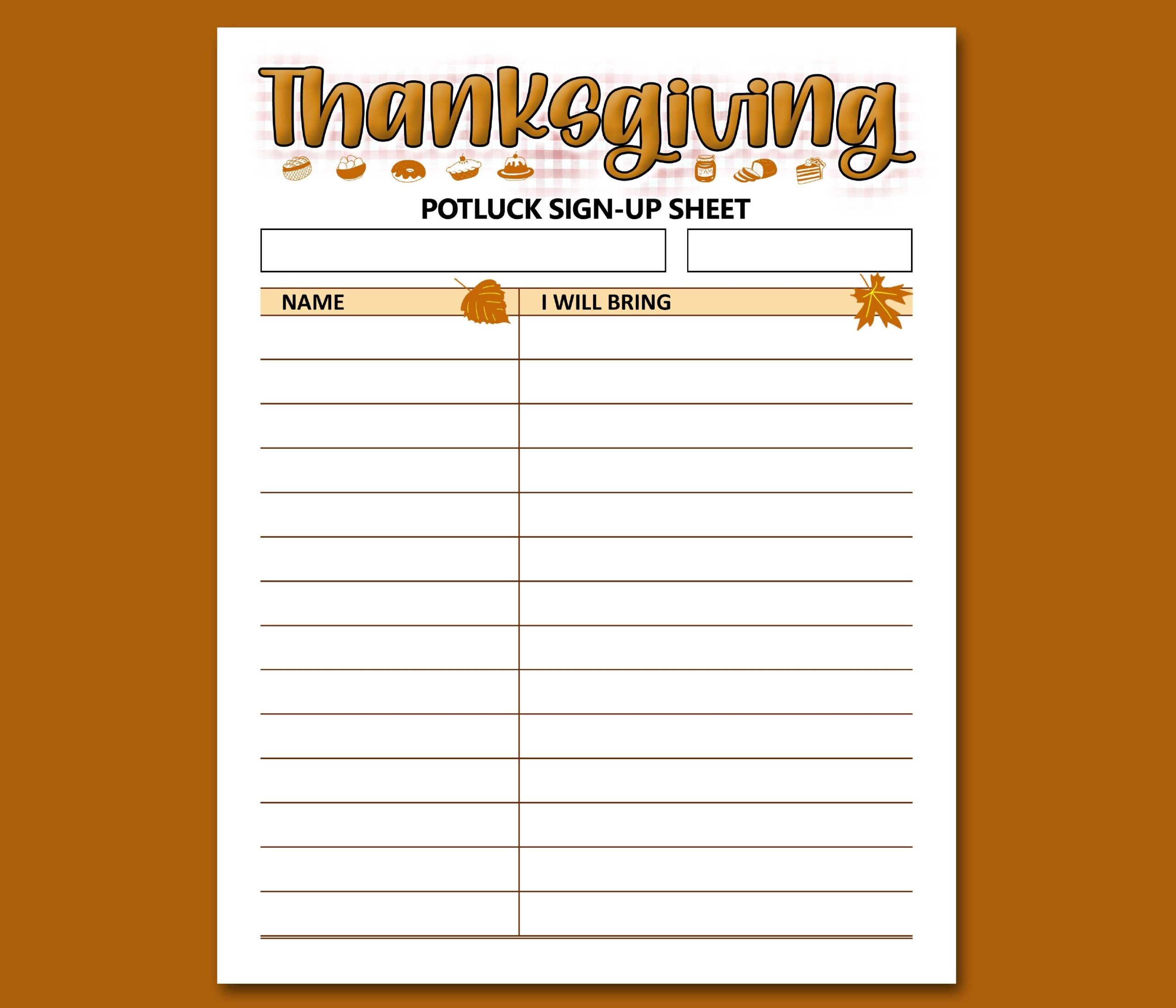 Thanksgiving Potluck Sign Up Sheet Printable Form Letter Size