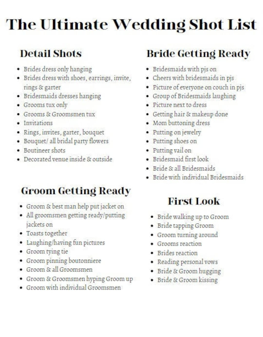 The Ultimate Wedding Photographer Shot List Etsy