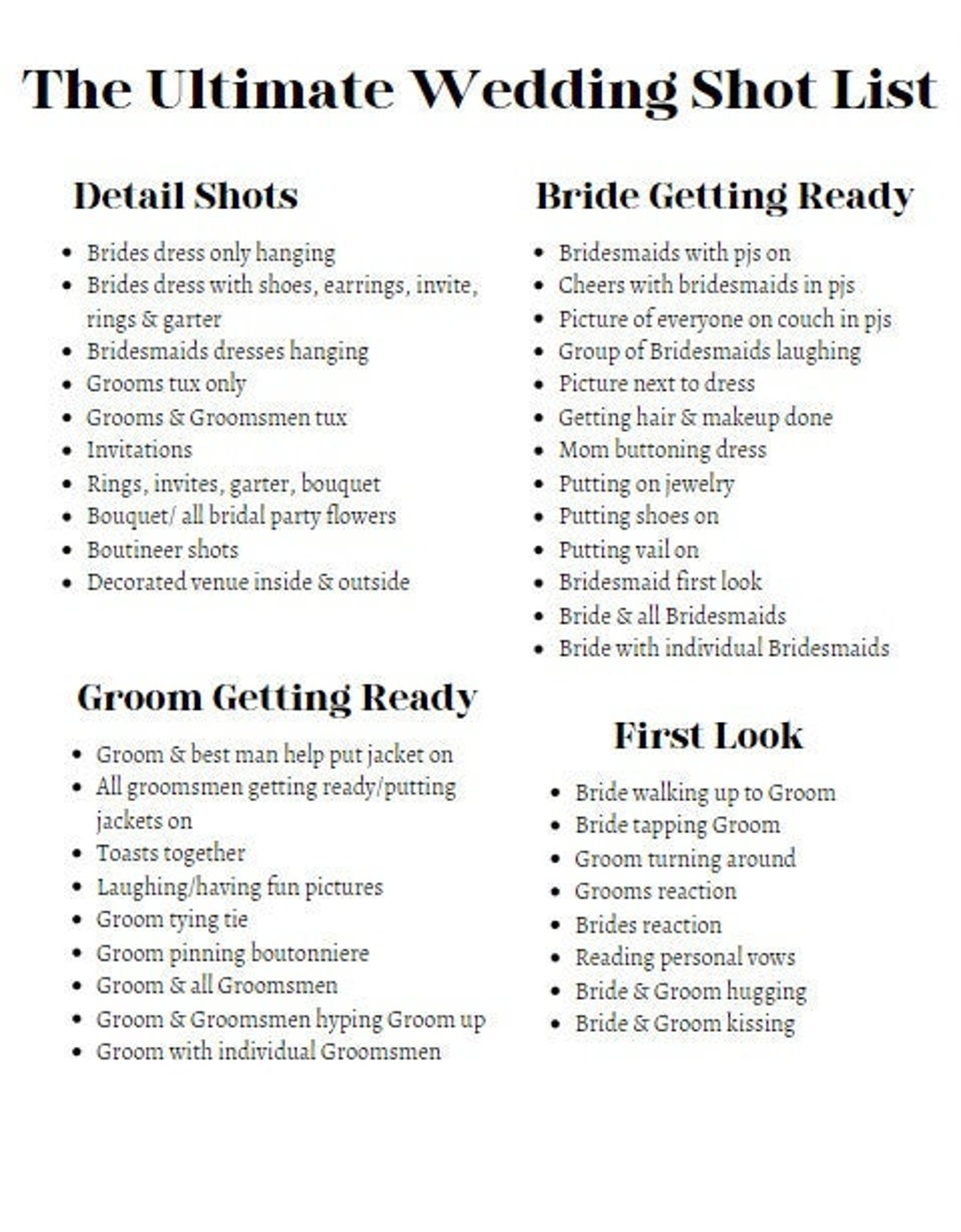 The Ultimate Wedding Photographer Shot List Etsy
