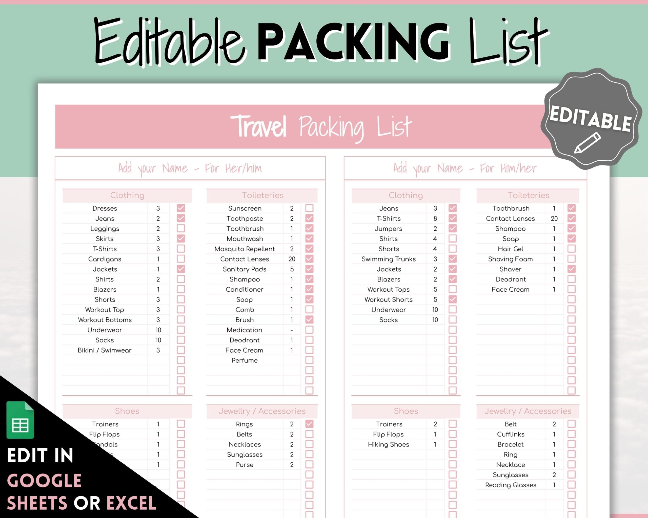 Travel Packing List Template Editable Travel Packing List Template Editable