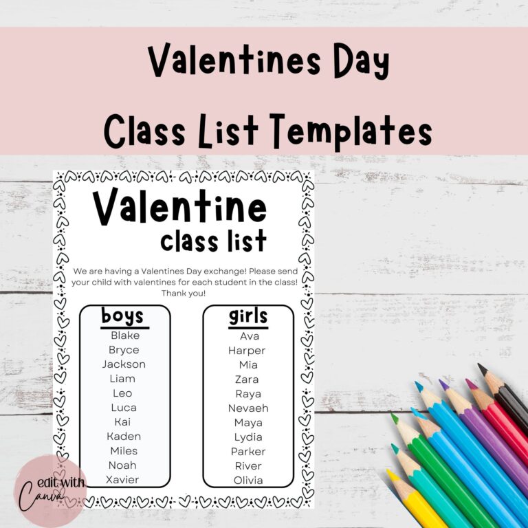 Valentine s Day Class List Template Editable Canva Template 