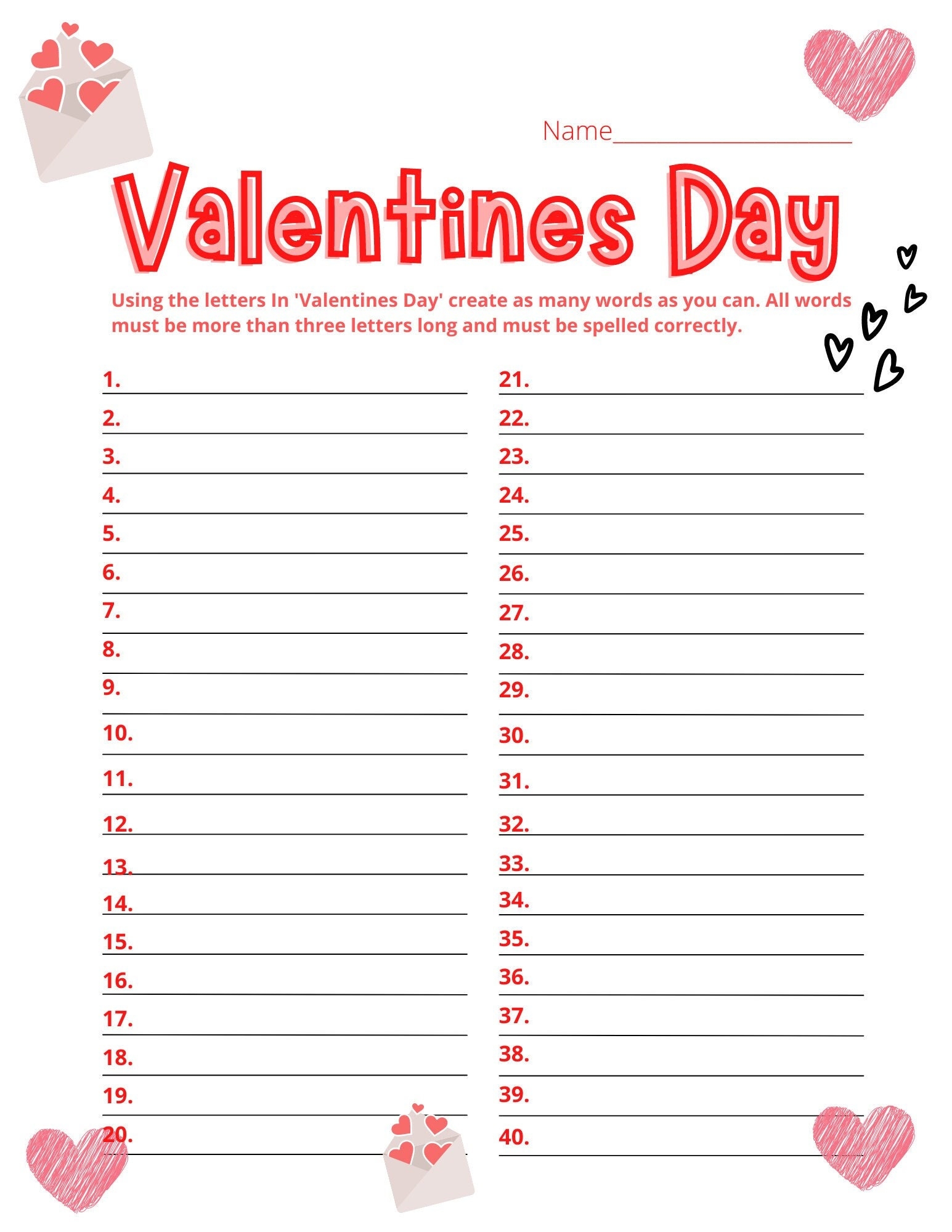 Valentine s Day Word List digital printable Etsy