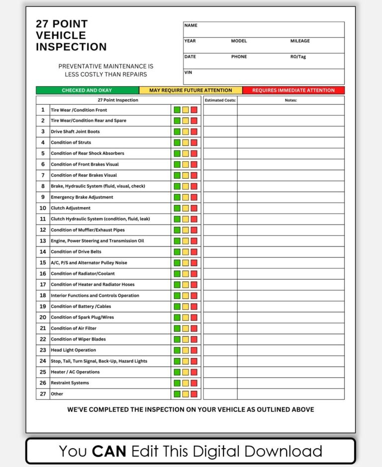 Vehicle Inspection Checklist 27 Point Vehicle Inspection 