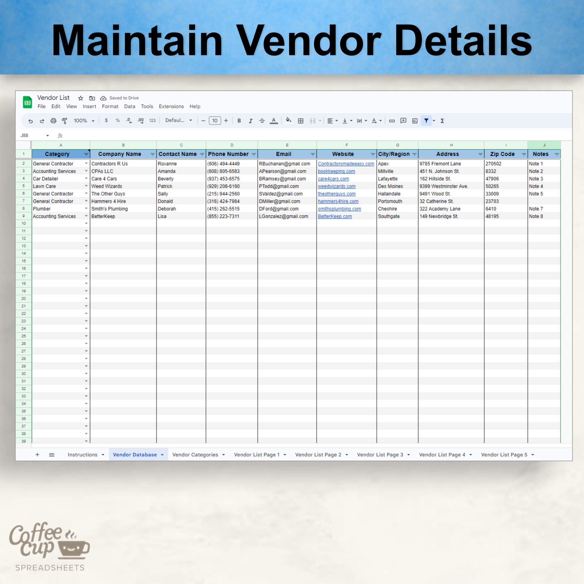 Vendor Contact List Template Vendor Contact List Template