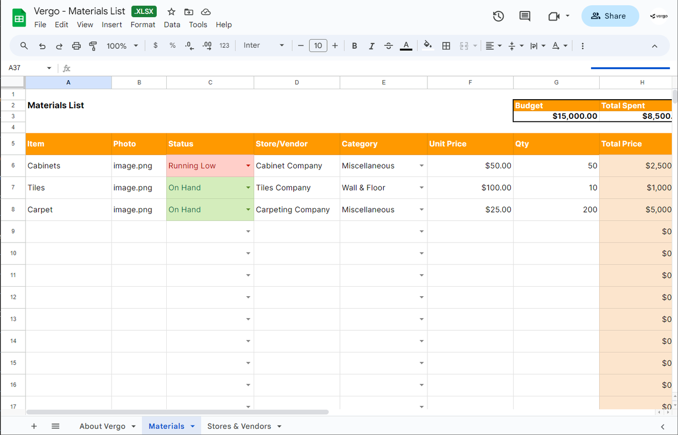 Vergo AI Free Construction Materials List Template