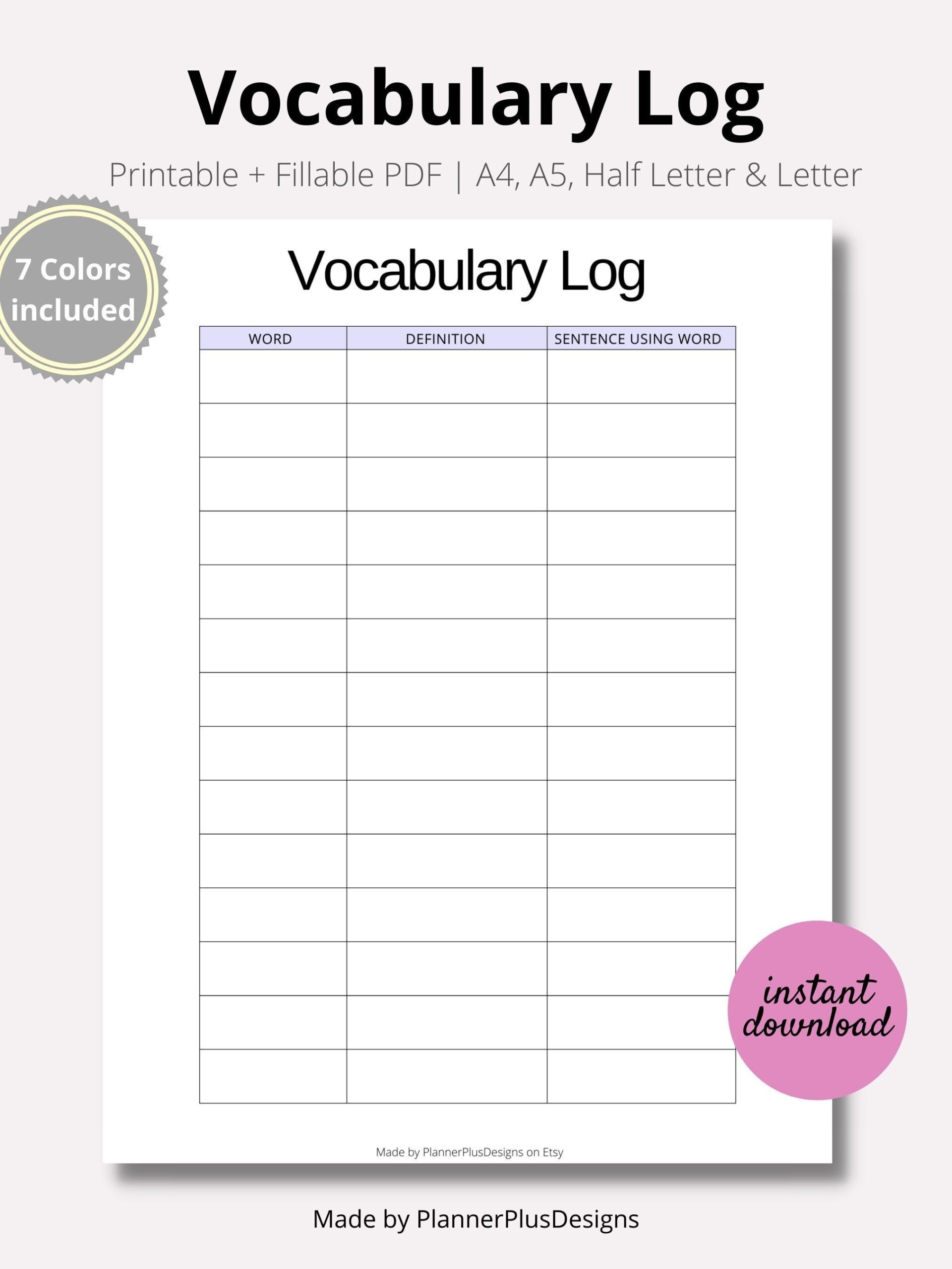 Vocabulary List Printable Planner Inserts Vocabulary List Word Book Language Study Vocabulary List Worksheet PDF A4 A5 Half LETTER Etsy