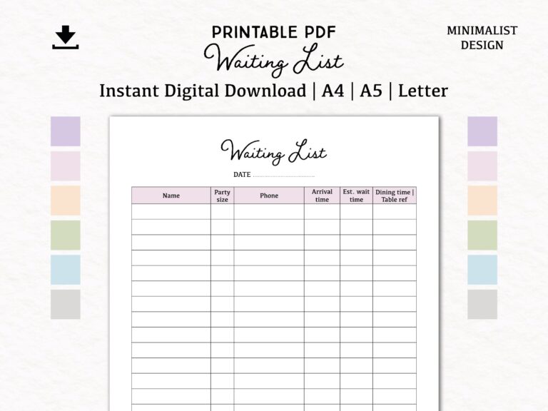 Waiting List Digital Download PDF Printable A4 A5 Letter Table Wait List Restaurant Wait List Waiting Log Book Etsy