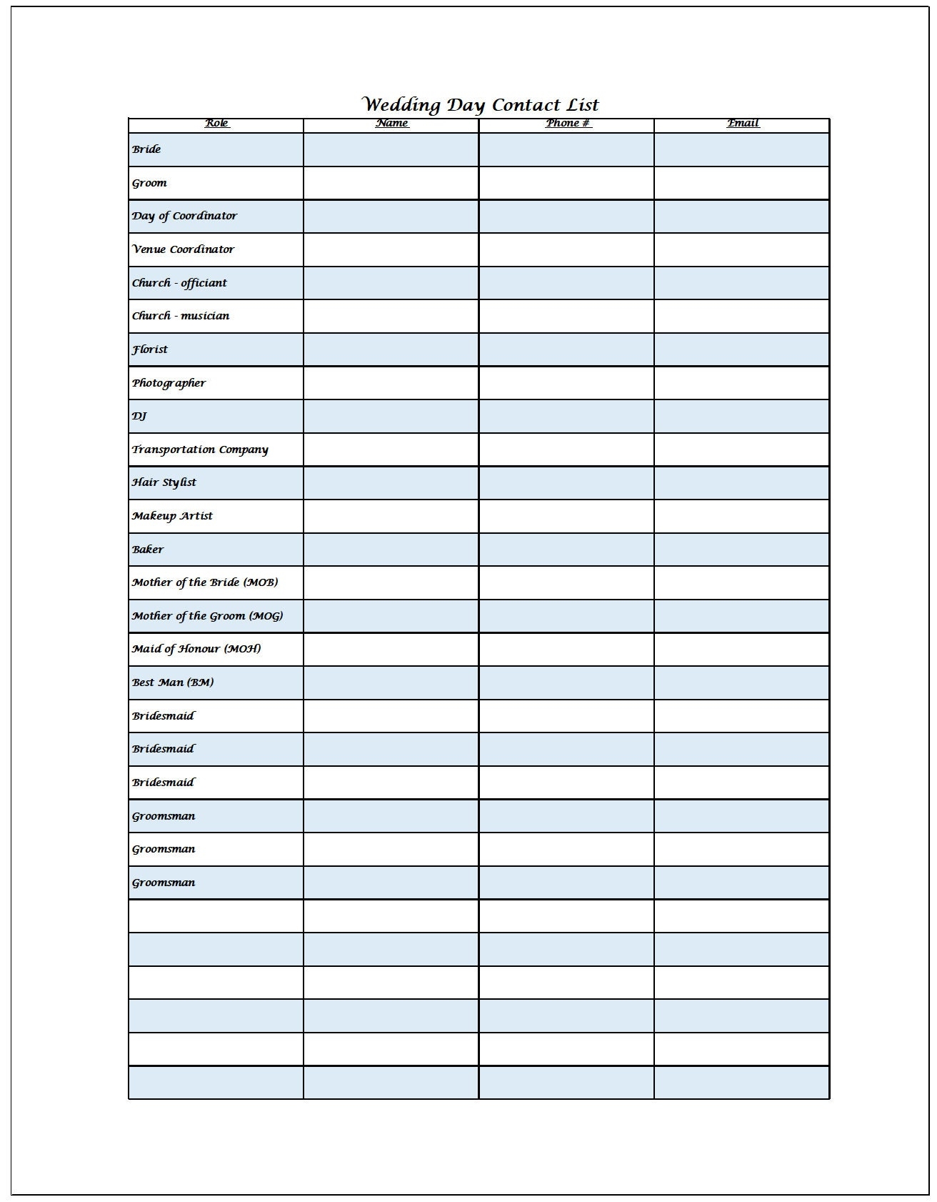 Wedding Party List Template