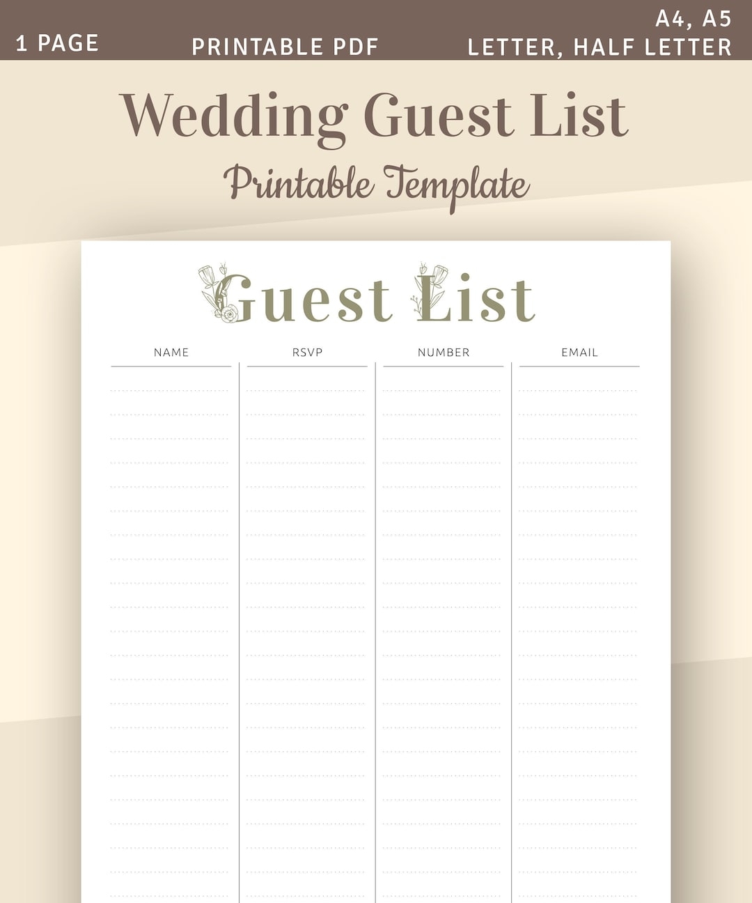 Wedding Guest List Printable Wedding Template Guest List Tracker Guest List Planner RSVP Tracker A4 A5 Letter Half Letter PDF Etsy