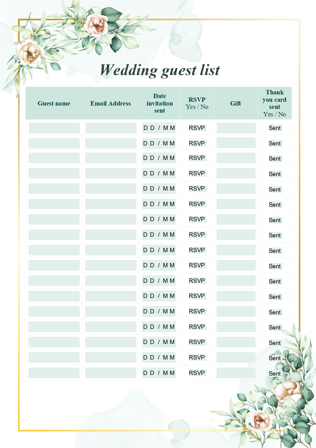 Guest List Wedding Template Guest List Wedding Template