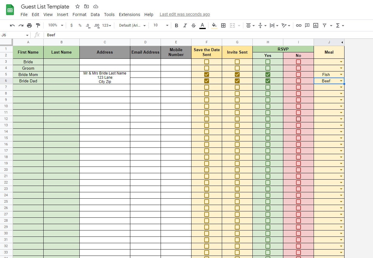Wedding Guest List U0026 RSVP Spreadsheet Template For Excel Or Google Sheets Etsy